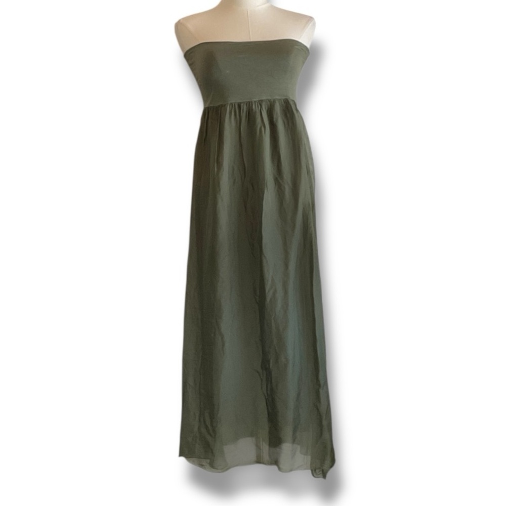 Giusy Italy Dress Strapless Midi Silk Olive Green‎ Maxi Skirt Size Medium